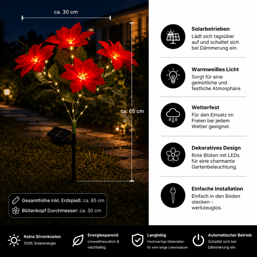 Solar-Weihnachtsstern-Gartenleuchten mit roten Blütenköpfen