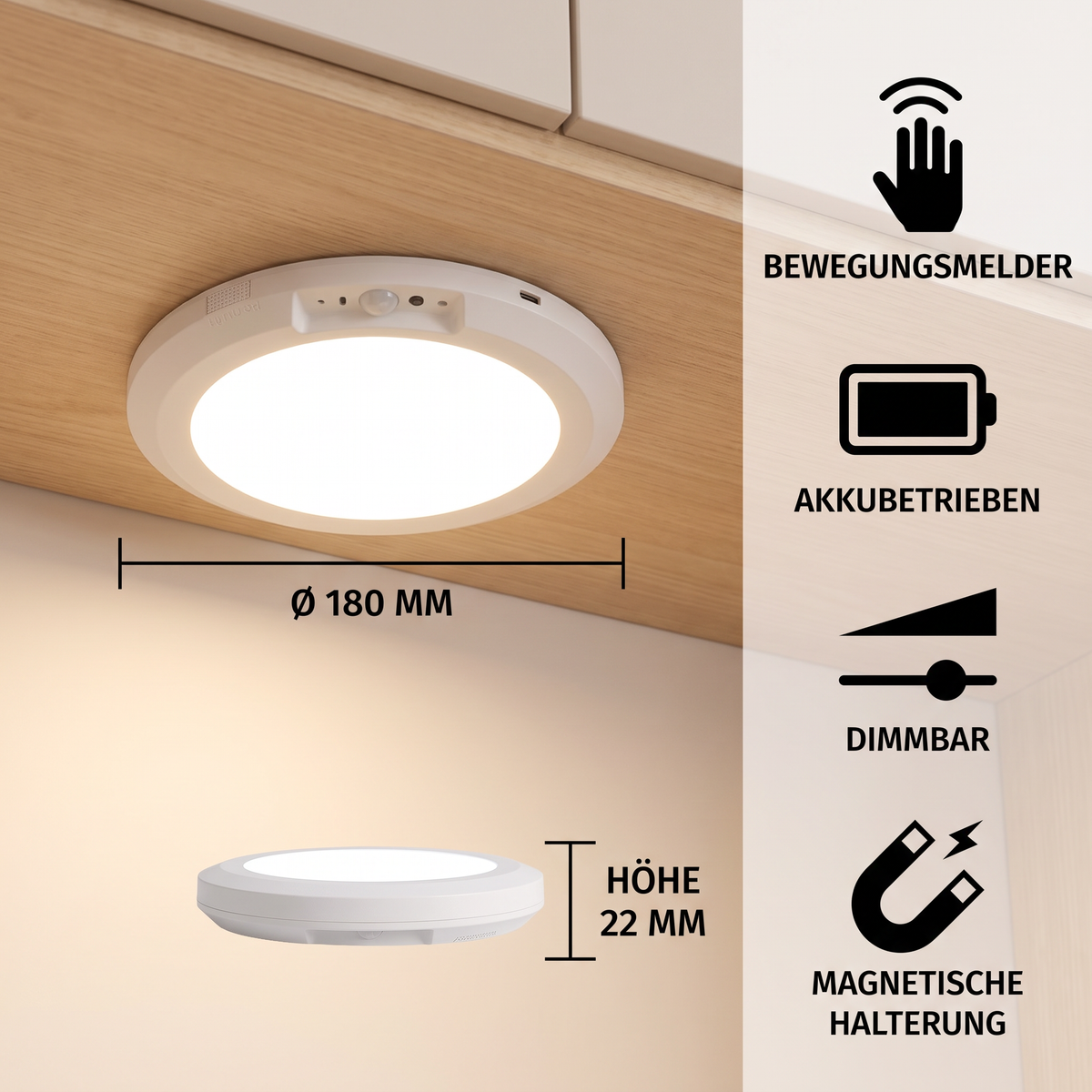 Dimmbare Akku-Deckenleuchte mit Bewegungsmelder – magnetisch & kabellos