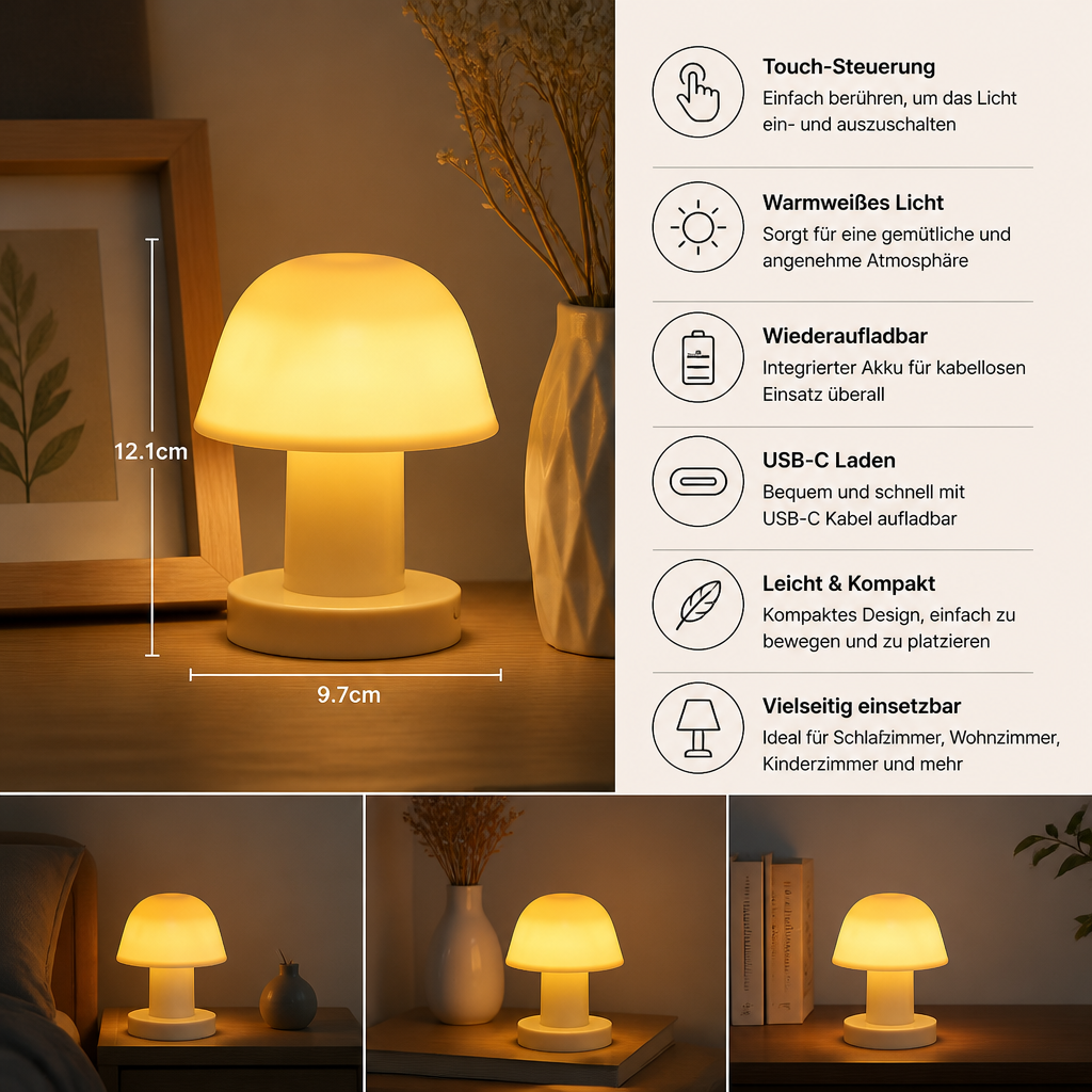 Mini wiederaufladbare LED-Pilz-Tischlampe mit Touch-Steuerung