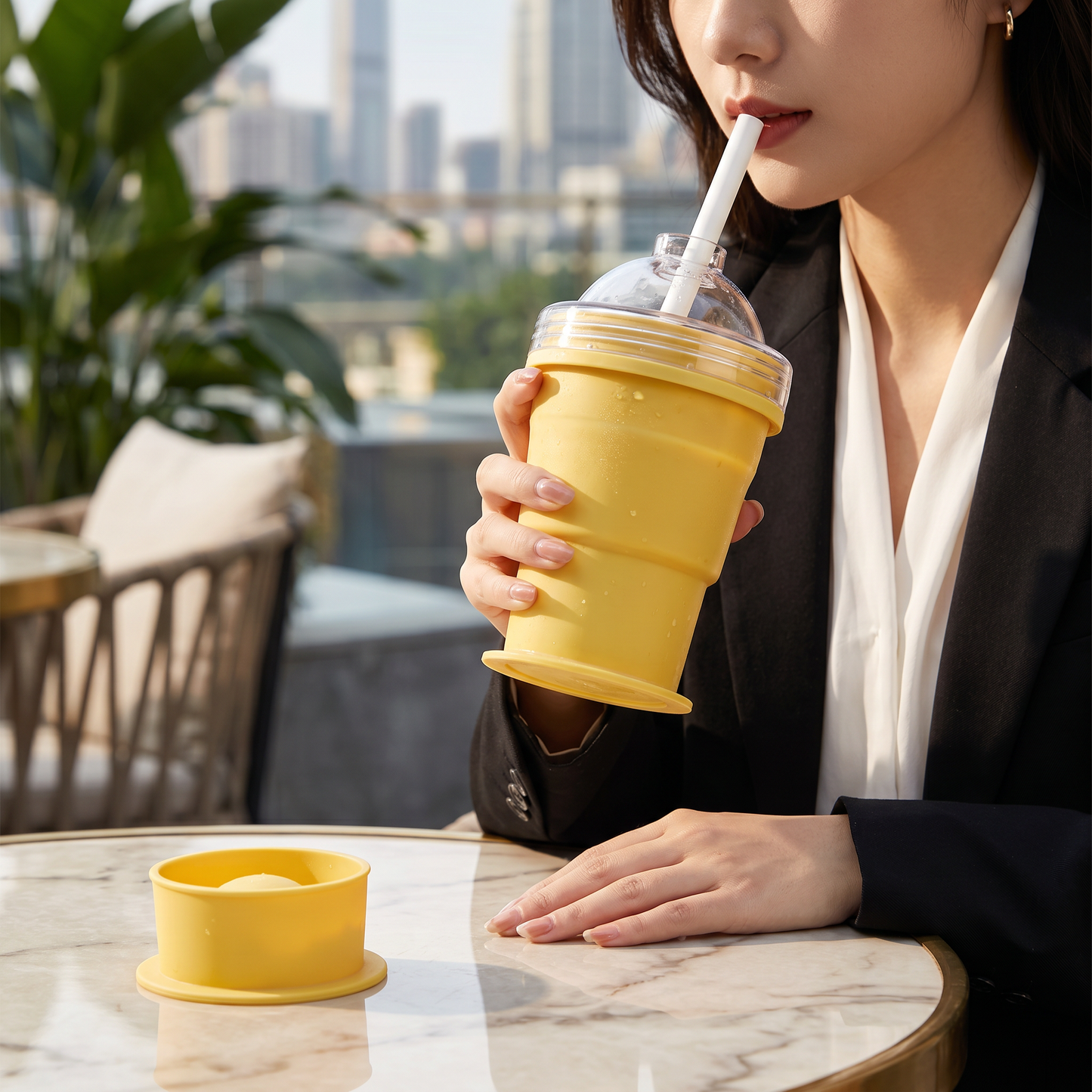 2-in-1 Eiswürfel-Becher – Faltbar, mit Strohhalm & Silikonform für unterwegs