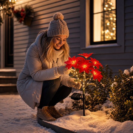 Solar-Weihnachtsstern-Gartenleuchten mit roten Blütenköpfen