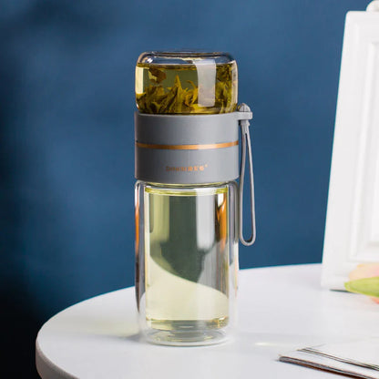 Doppelwandige Glasflasche mit Teesieb und Infuser