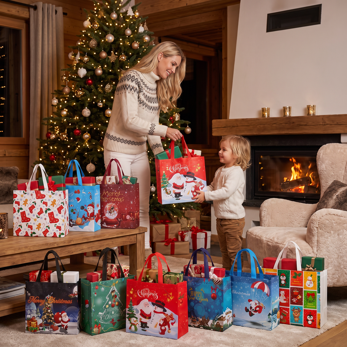 Wiederverwendbare Weihnachts-Geschenktaschen mit Griffen – Verschiedene festliche Designs