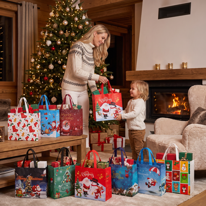 Wiederverwendbare Weihnachts-Geschenktaschen mit Griffen – Verschiedene festliche Designs