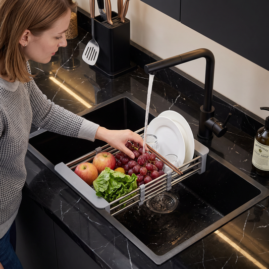 Verstellbares Abtropfgestell über der Spüle & Abtropfsieb für Obst und Gemüse