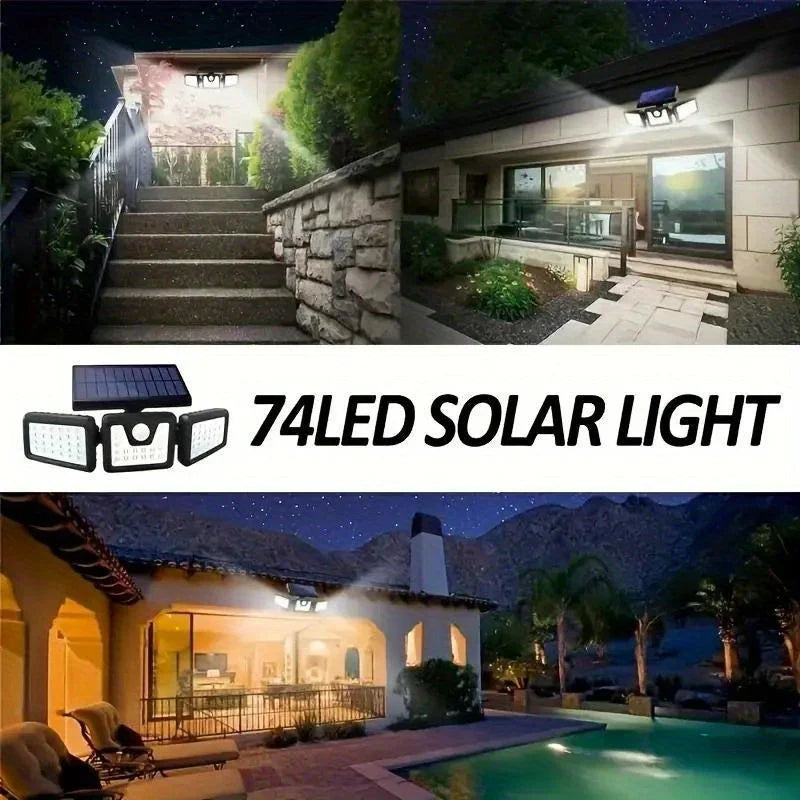 Solar LED Flutlicht Mit Bewegungsmelder – 3-Strahler Außenbeleuchtung für Garten, Hof Und Garage