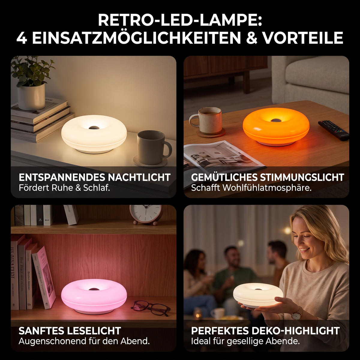 Retro-LED-Lampe in Donut-Form mit gemütlichem Ambientelicht