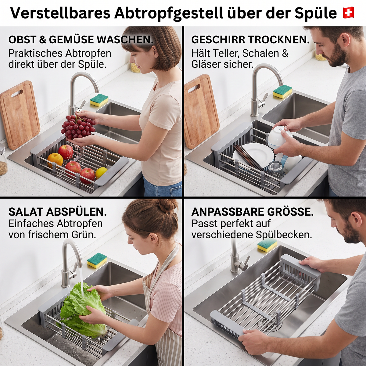 Verstellbares Abtropfgestell über der Spüle & Abtropfsieb für Obst und Gemüse