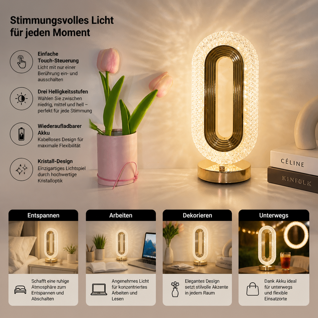 Wiederaufladbare Kristall-LED-Tischlampe – Elegantes stimmungsvolles Nachtlicht