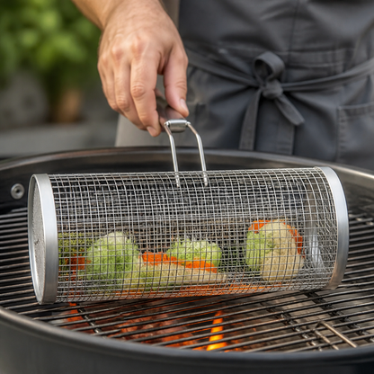 Praktischer Grillkorb aus Edelstahl – rotierender BBQ-Grillkorb für Outdoor-Grillen