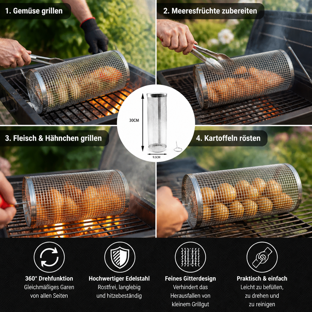 Praktischer Grillkorb aus Edelstahl – rotierender BBQ-Grillkorb für Outdoor-Grillen