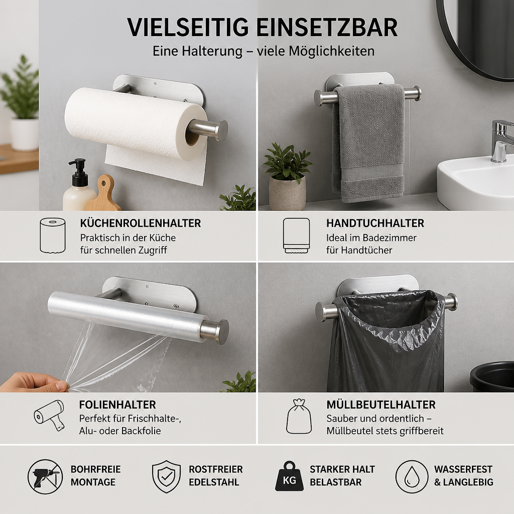 Moderner Edelstahl Rollenhalter – Bohrfreie Halterung für vielseitige Anwendung