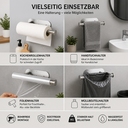 Moderner Edelstahl Rollenhalter – Bohrfreie Halterung für vielseitige Anwendung
