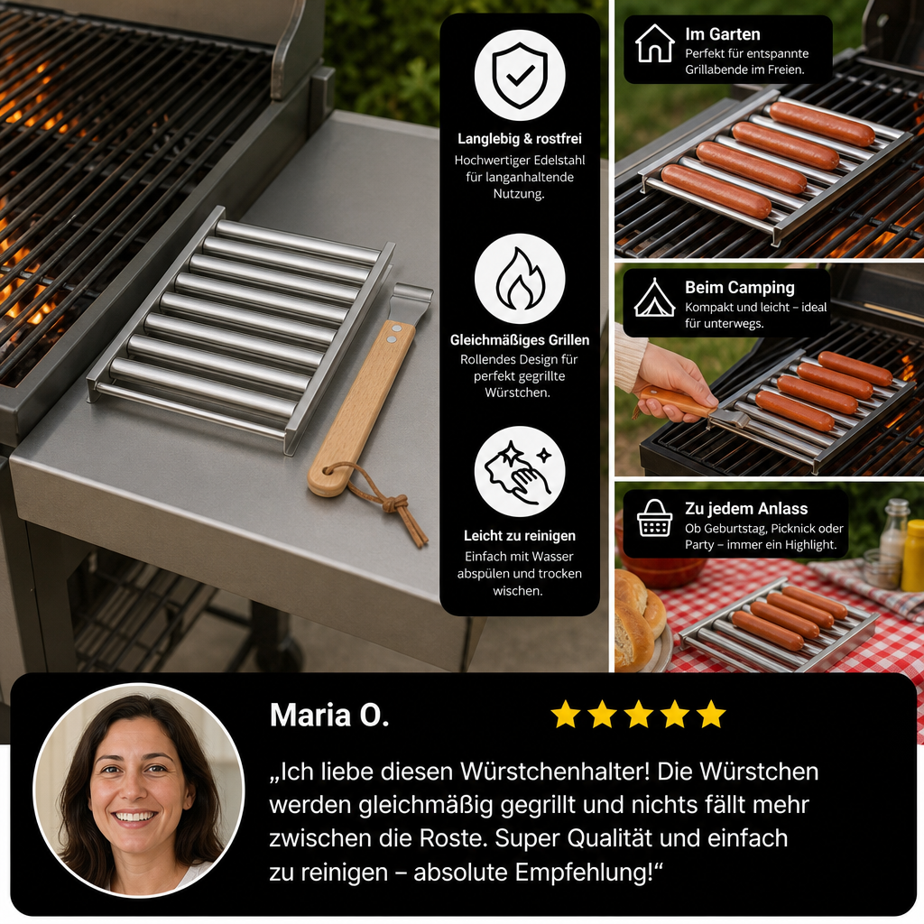 Edelstahl Würstchenhalter – Rollbarer Grillaufsatz für Hotdogs & Würstchen