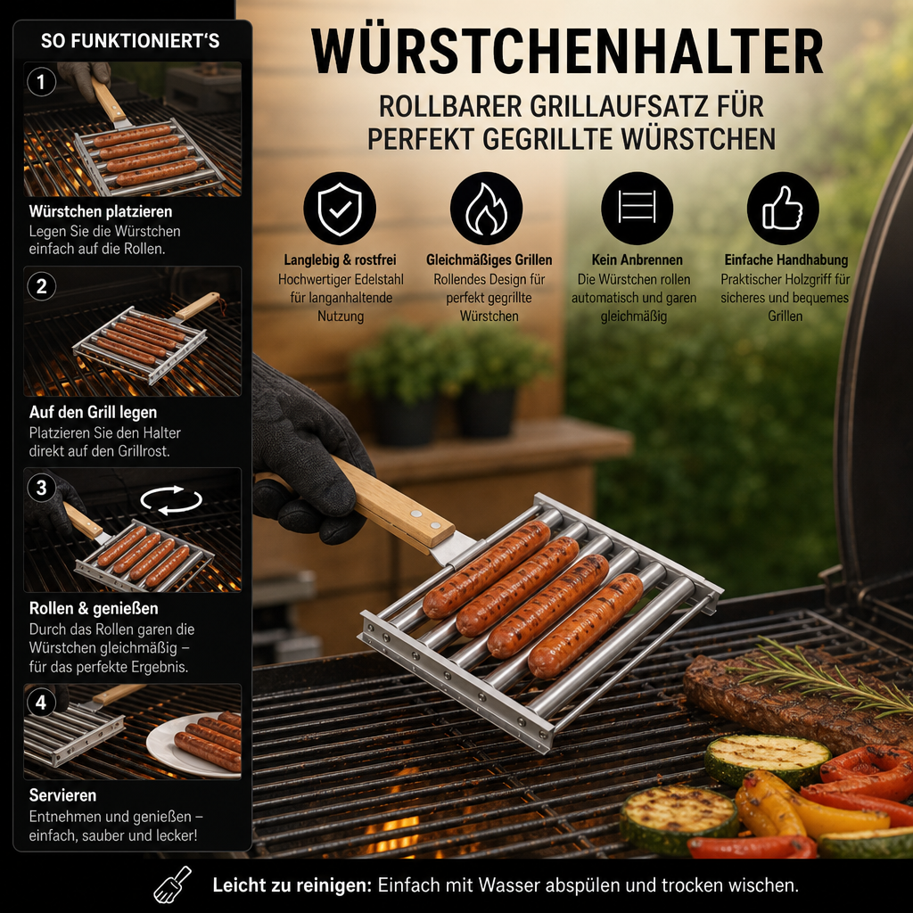 Edelstahl Würstchenhalter – Rollbarer Grillaufsatz für Hotdogs & Würstchen