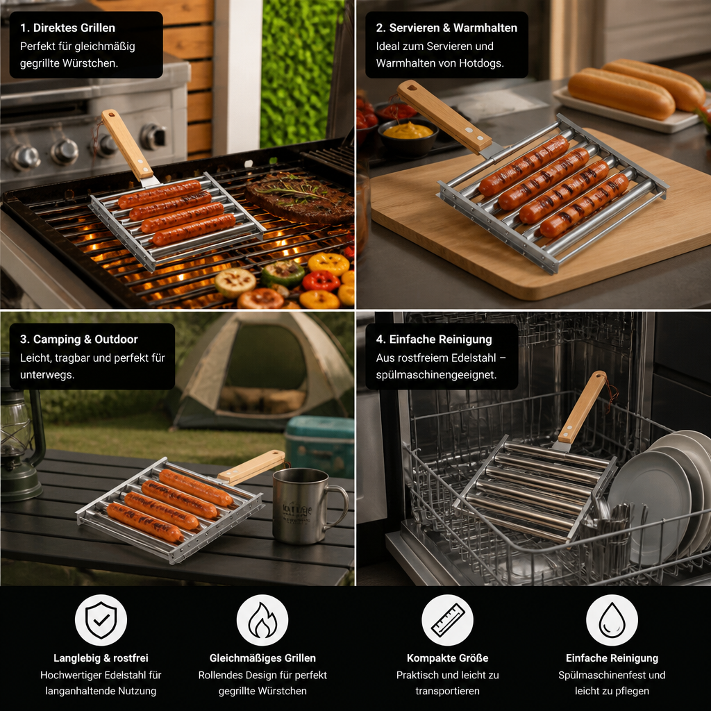 Edelstahl Würstchenhalter – Rollbarer Grillaufsatz für Hotdogs & Würstchen