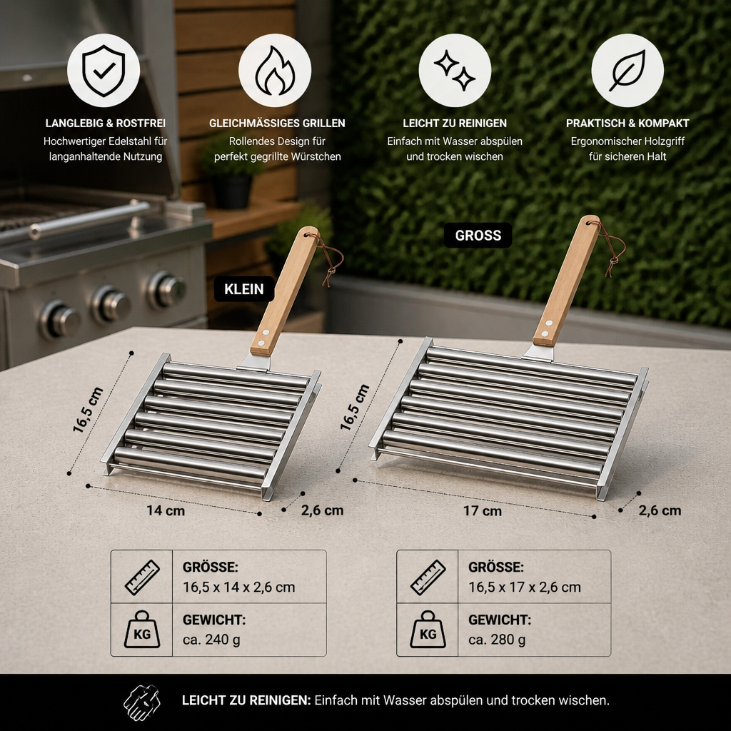 Edelstahl Würstchenhalter – Rollbarer Grillaufsatz für Hotdogs & Würstchen