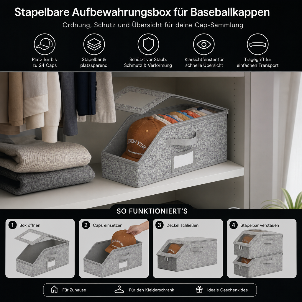 Stapelbare Aufbewahrungsbox für Baseballkappen – Platz für bis zu 24 Caps