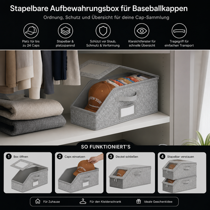 Stapelbare Aufbewahrungsbox für Baseballkappen – Platz für bis zu 24 Caps