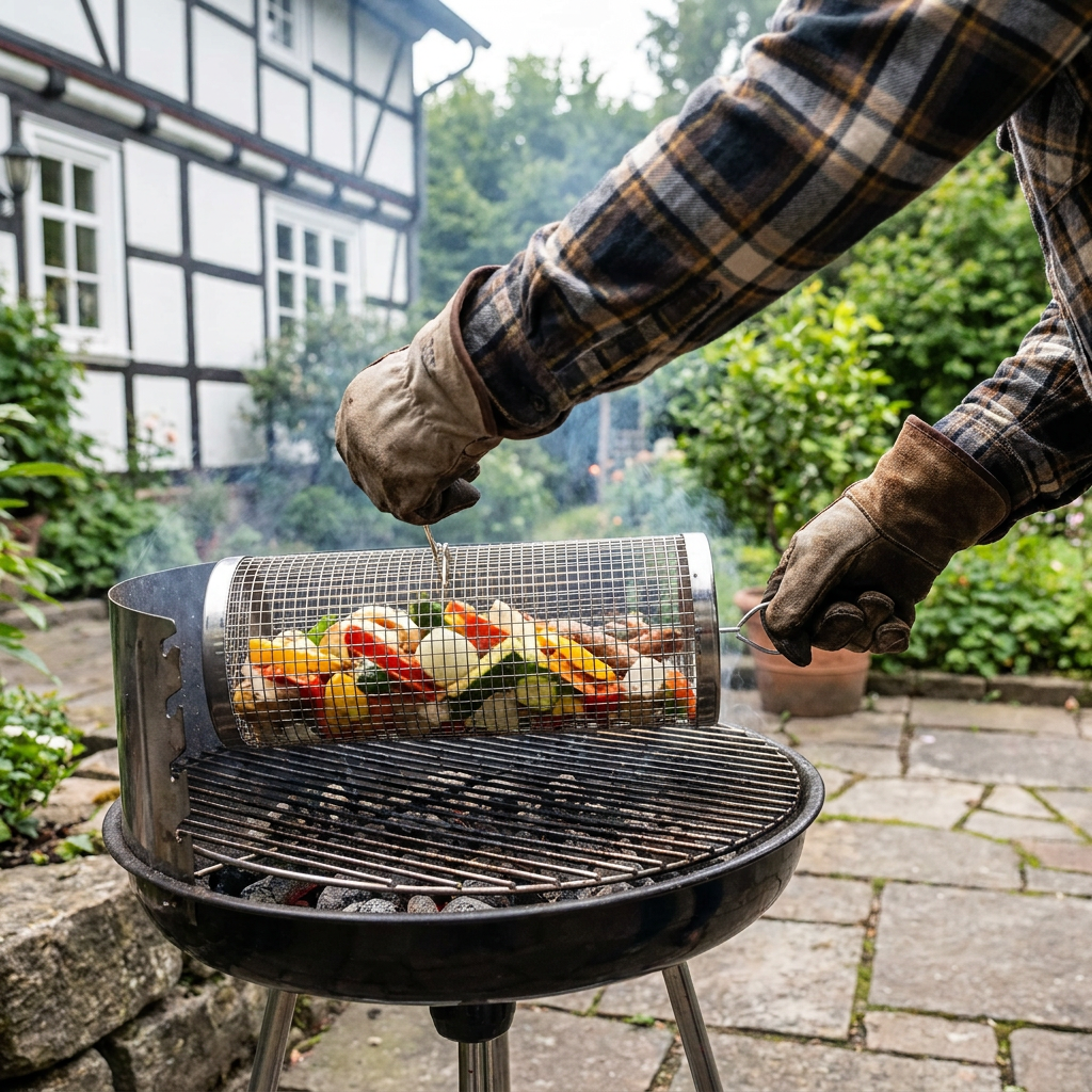 Praktischer Grillkorb aus Edelstahl – rotierender BBQ-Grillkorb für Outdoor-Grillen