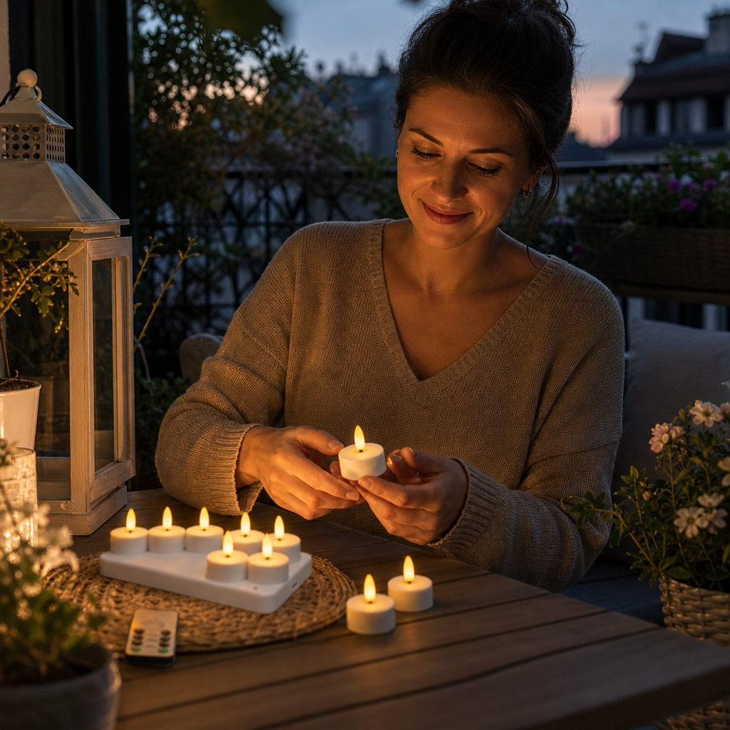 12-teiliges wiederaufladbares LED-Teelicht-Set ohne Flamme mit USB-C-Ladestation, Fernbedienung & Timer
