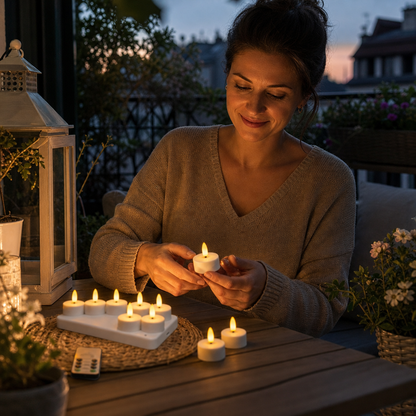 12-teiliges wiederaufladbares LED-Teelicht-Set ohne Flamme mit USB-C-Ladestation, Fernbedienung & Timer