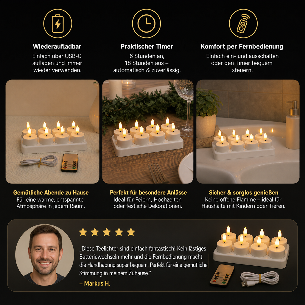 12-teiliges wiederaufladbares LED-Teelicht-Set ohne Flamme mit USB-C-Ladestation, Fernbedienung & Timer