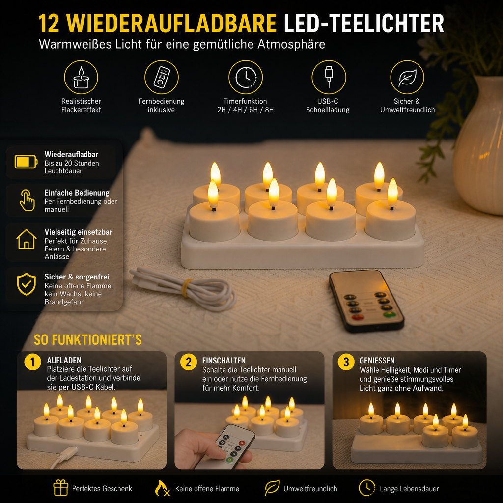 12-teiliges wiederaufladbares LED-Teelicht-Set ohne Flamme mit USB-C-Ladestation, Fernbedienung & Timer