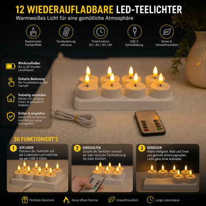 12-teiliges wiederaufladbares LED-Teelicht-Set ohne Flamme mit USB-C-Ladestation, Fernbedienung & Timer