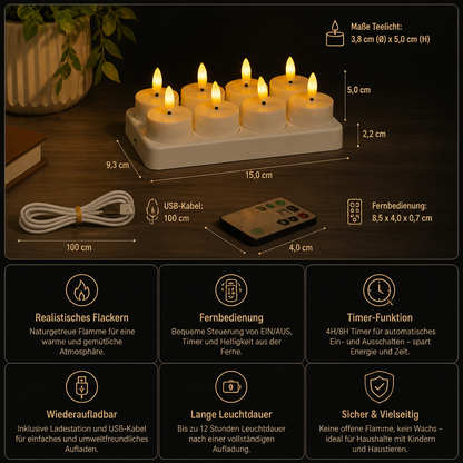 12-teiliges wiederaufladbares LED-Teelicht-Set ohne Flamme mit USB-C-Ladestation, Fernbedienung & Timer