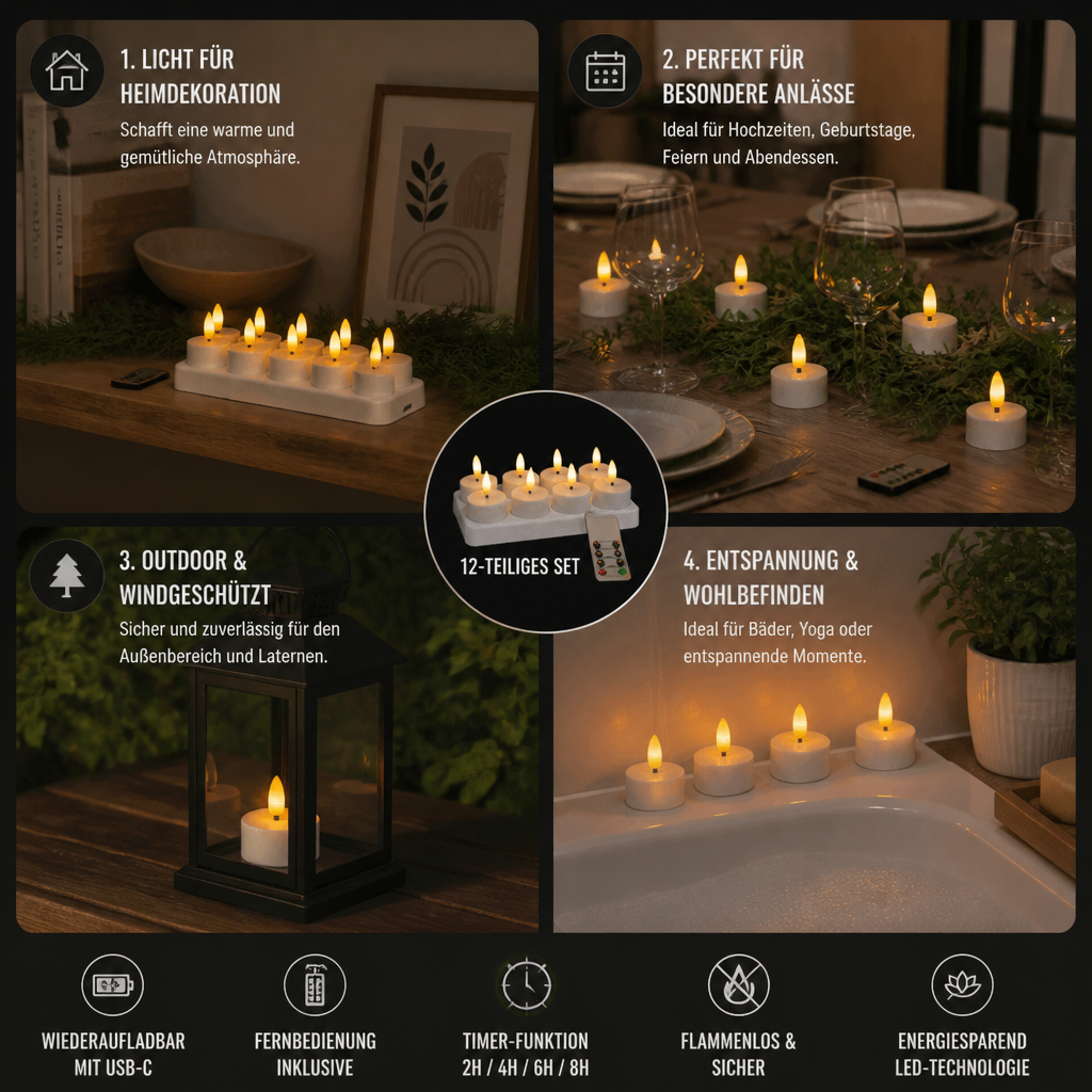 12-teiliges wiederaufladbares LED-Teelicht-Set ohne Flamme mit USB-C-Ladestation, Fernbedienung & Timer