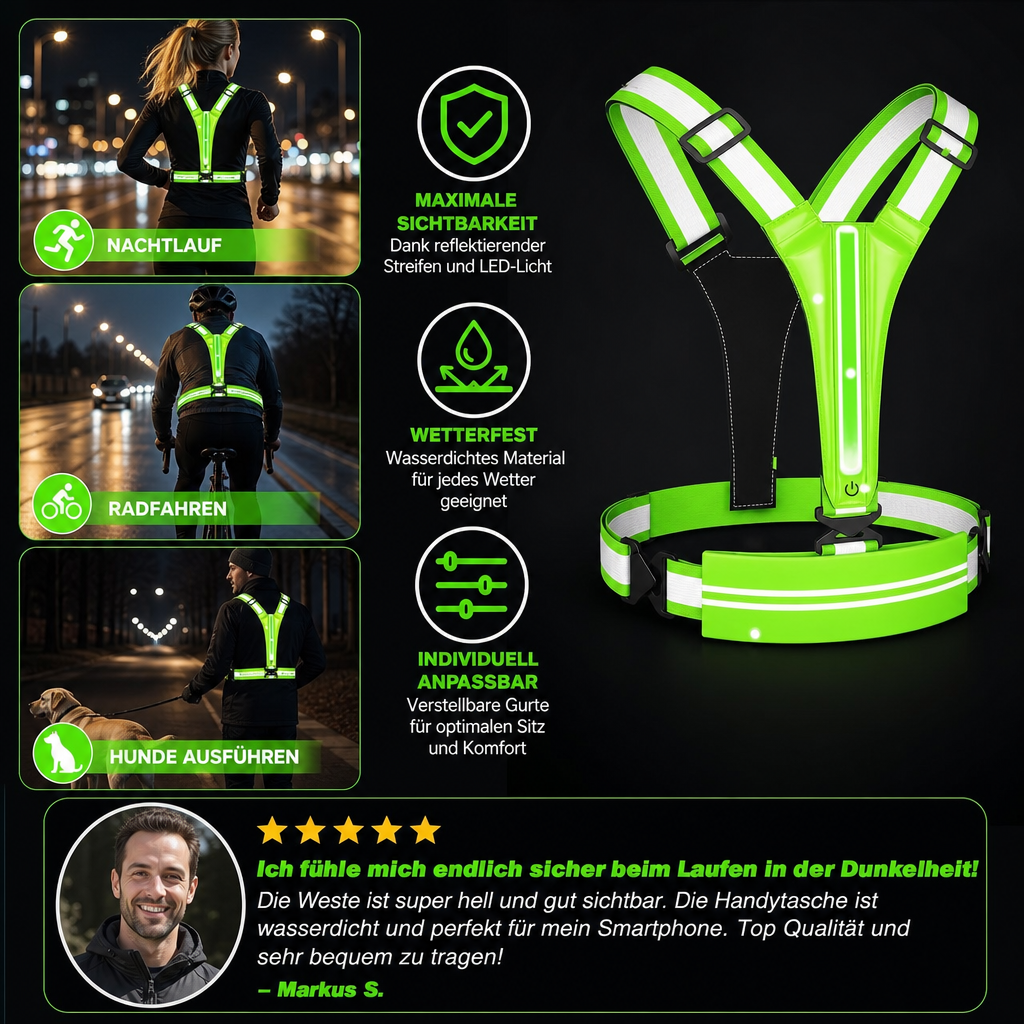 Reflektierende LED-Laufweste mit wasserdichter Handytasche