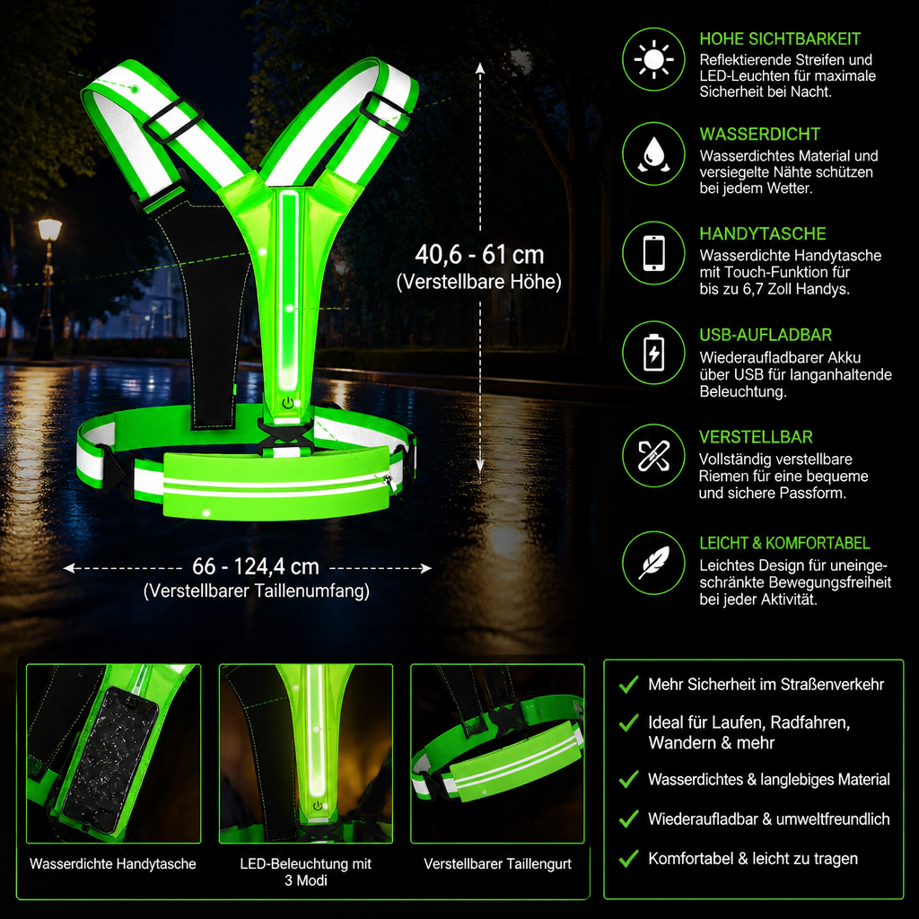 Reflektierende LED-Laufweste mit wasserdichter Handytasche