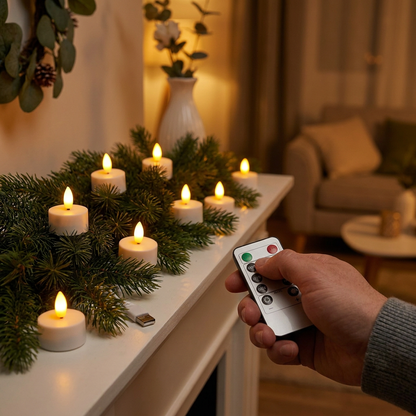 12-teiliges wiederaufladbares LED-Teelicht-Set ohne Flamme mit USB-C-Ladestation, Fernbedienung & Timer