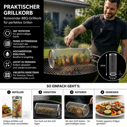 Praktischer Grillkorb aus Edelstahl – rotierender BBQ-Grillkorb für Outdoor-Grillen