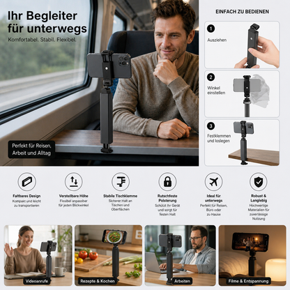 Reise-Handyhalter – faltbarer und verstellbarer Ständer für komfortables Nutzen unterwegs