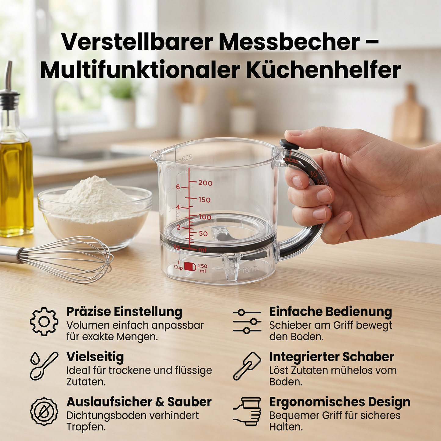 Verstellbarer Messbecher – Multifunktionaler Küchenhelfer mit Schaber und Dichtungsboden
