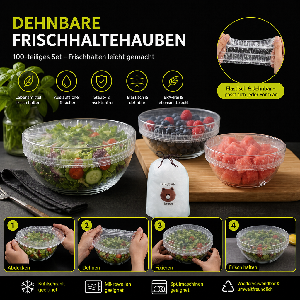 100-teiliges elastisches Lebensmittel-Abdeckhauben-Set – Dehnbare Abdeckungen für Schüsseln & Teller