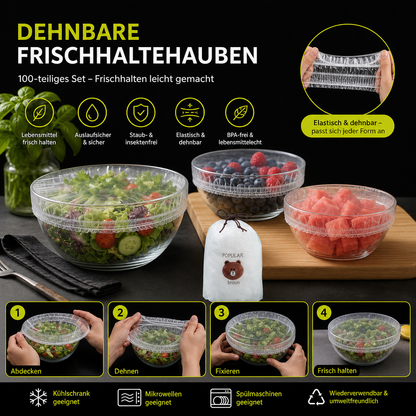 100-teiliges elastisches Lebensmittel-Abdeckhauben-Set – Dehnbare Abdeckungen für Schüsseln & Teller