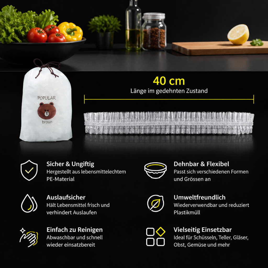 100-teiliges elastisches Lebensmittel-Abdeckhauben-Set – Dehnbare Abdeckungen für Schüsseln & Teller
