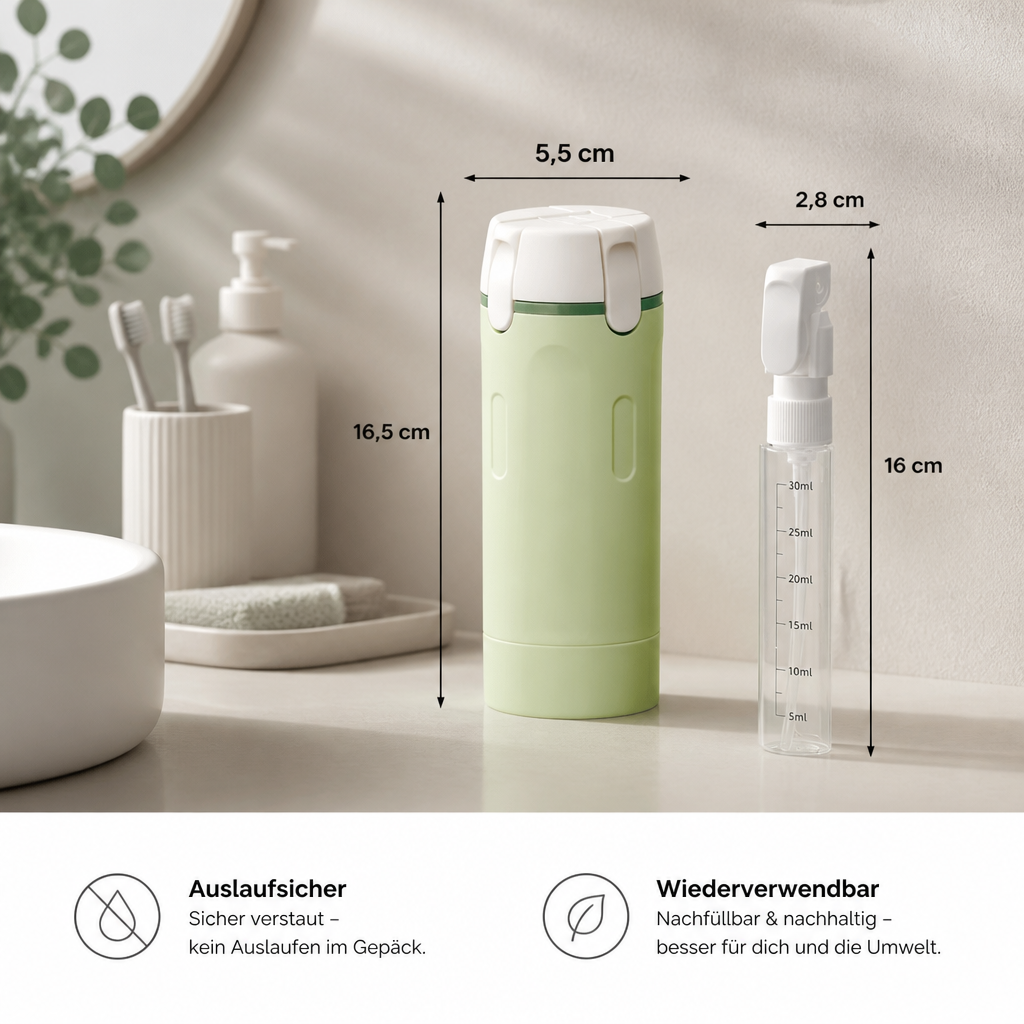 4-in-1 Reisebehälter – Auslaufsichere Flasche für Shampoo, Duschgel & Kosmetik