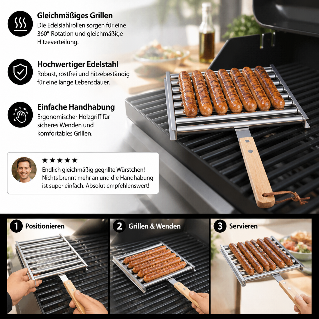 Edelstahl Würstchenhalter – Rollbarer Grillaufsatz für Hotdogs & Würstchen