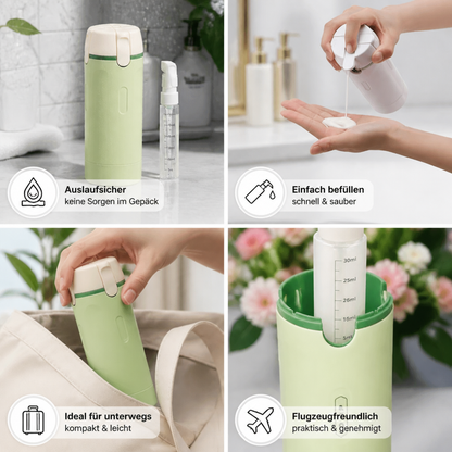 4-in-1 Reisebehälter – Auslaufsichere Flasche für Shampoo, Duschgel & Kosmetik