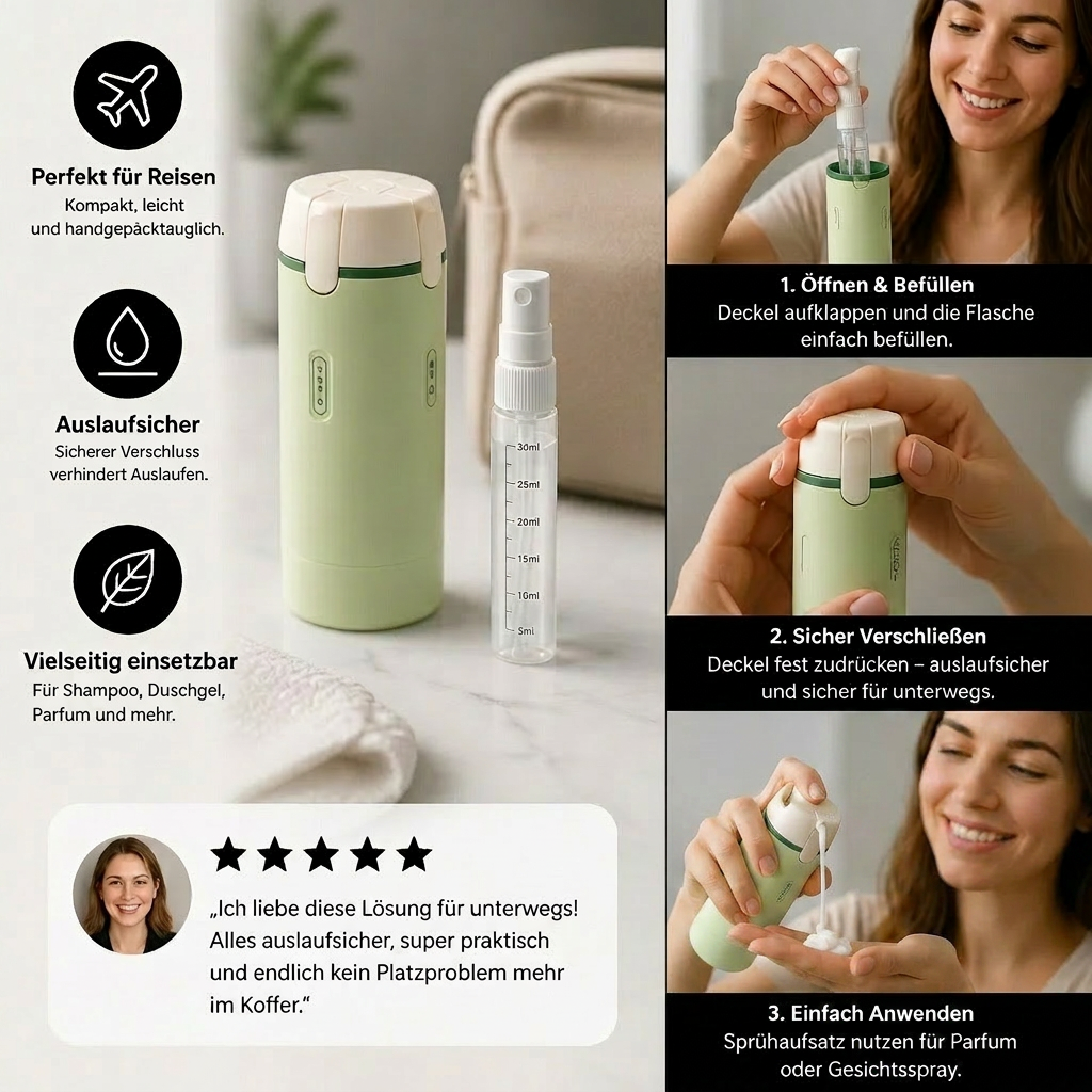 4-in-1 Reisebehälter – Auslaufsichere Flasche für Shampoo, Duschgel & Kosmetik