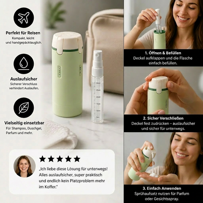 4-in-1 Reisebehälter – Auslaufsichere Flasche für Shampoo, Duschgel & Kosmetik