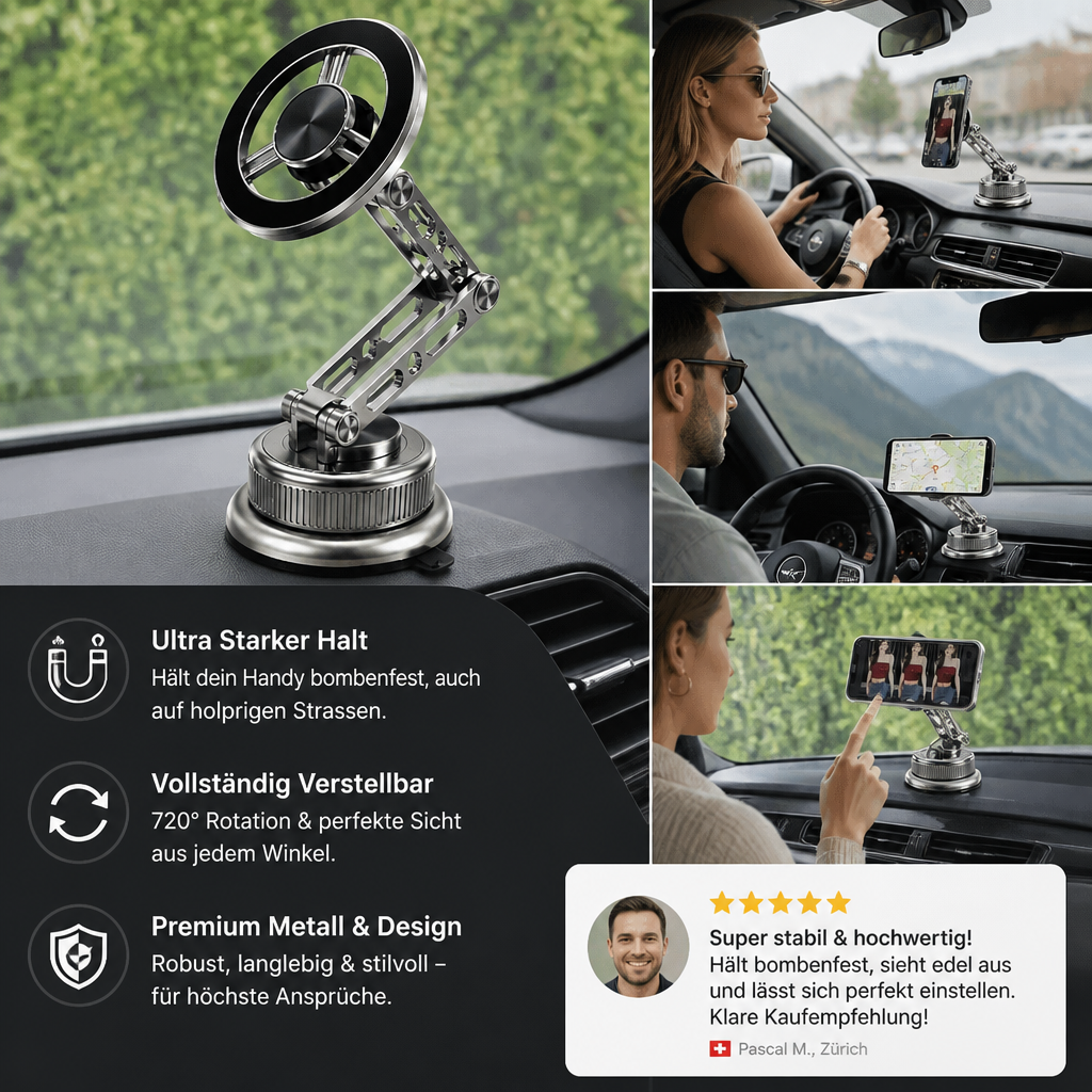 Ultrastarke magnetische Autohalterung fürs Handy aus Vollmetall mit Saugnapf