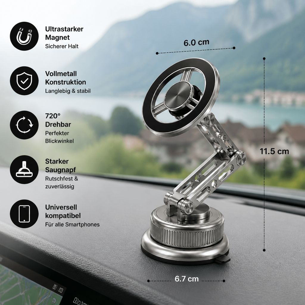 Ultrastarke magnetische Autohalterung fürs Handy aus Vollmetall mit Saugnapf