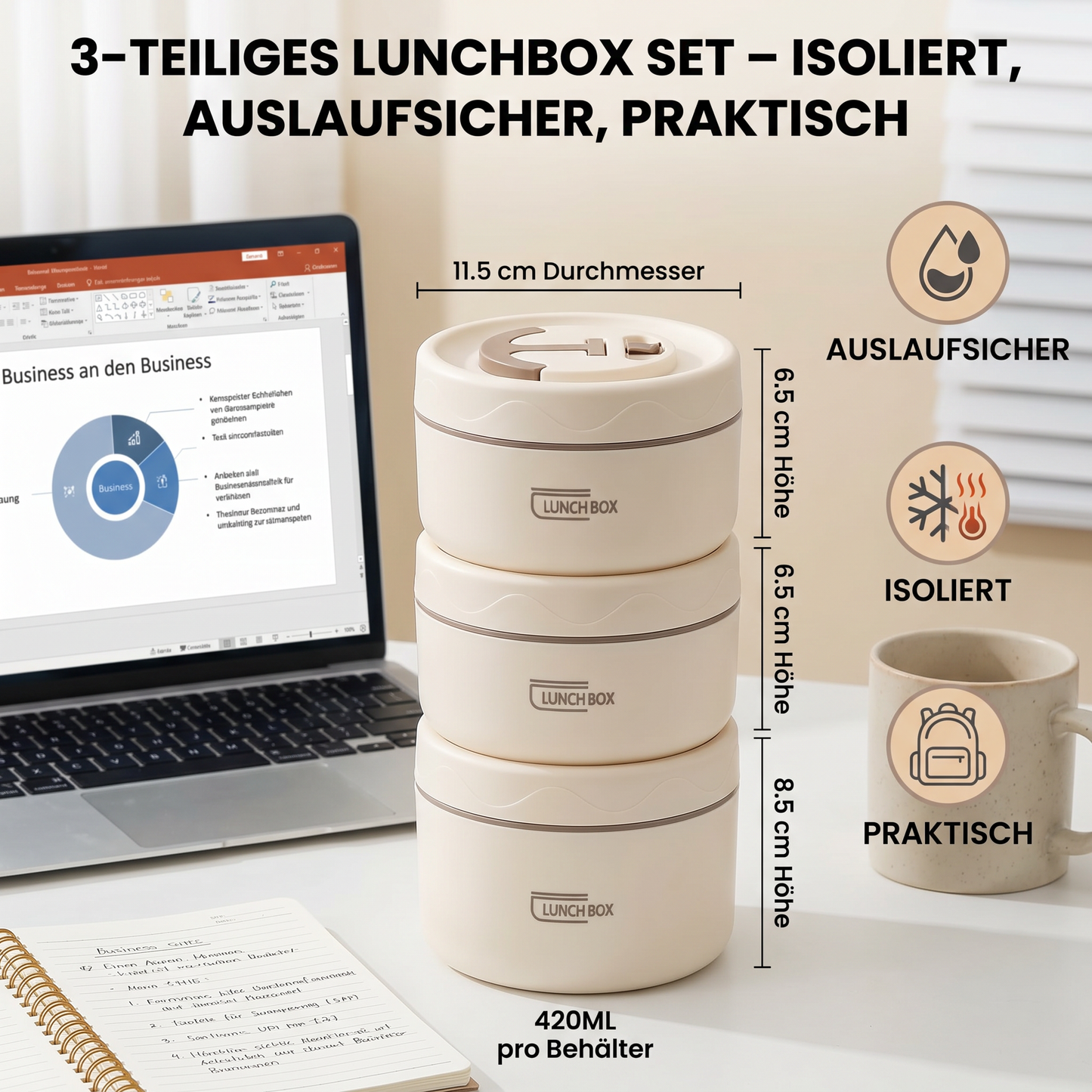 3-teiliges Lunchbox Set – Isoliert, Auslaufsicher und praktisch für unterwegs