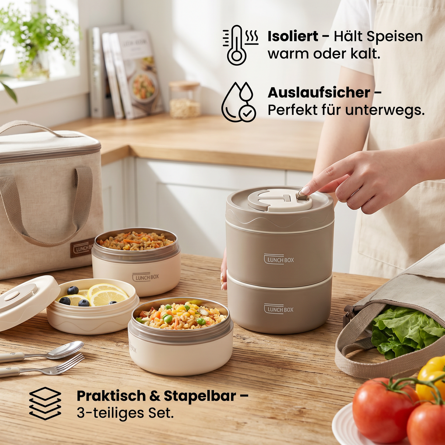 3-teiliges Lunchbox Set – Isoliert, Auslaufsicher und praktisch für unterwegs
