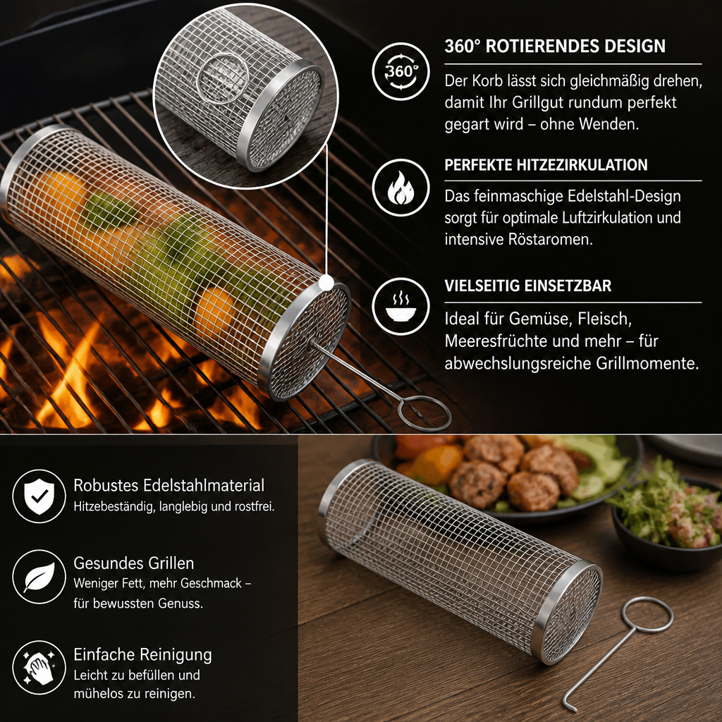 Praktischer Grillkorb aus Edelstahl – rotierender BBQ-Grillkorb für Outdoor-Grillen